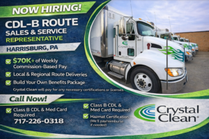 Crystal Clean job opportunity in Harrisburg, PA | CDL-B Route Sales & Service Representative