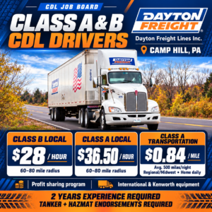 Dayton Freight Lines Inc. is hiring Class A & B CDL Drivers in Camp Hill, PA